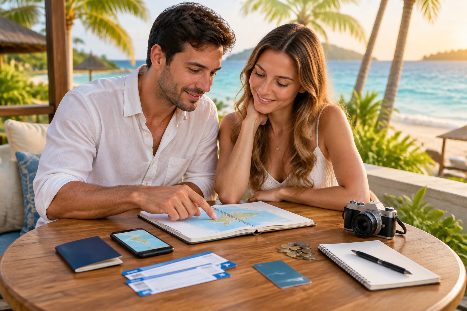 A newlywed couple reviews honeymoon plans at a table overlooking a tropical beach.