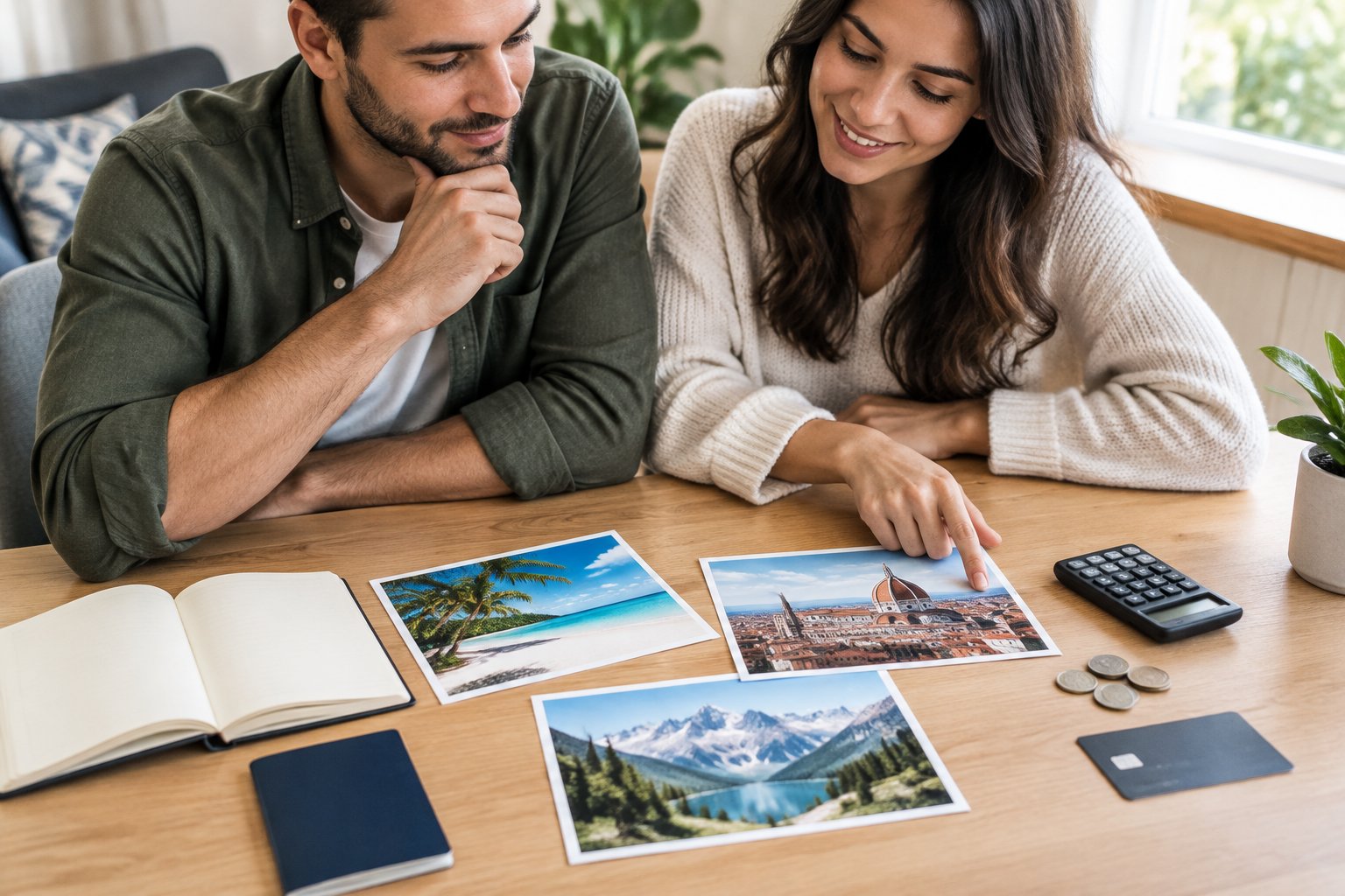 A couple compares travel photos while planning their honeymoon budget.
