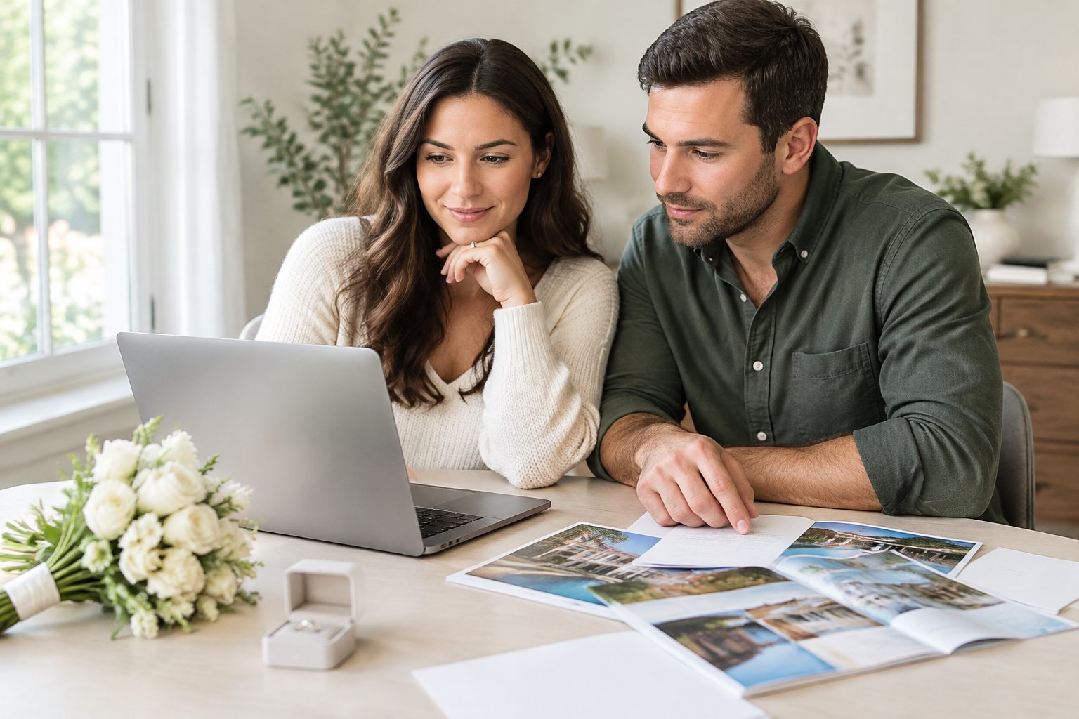 A couple compares hotel options while planning wedding accommodations.