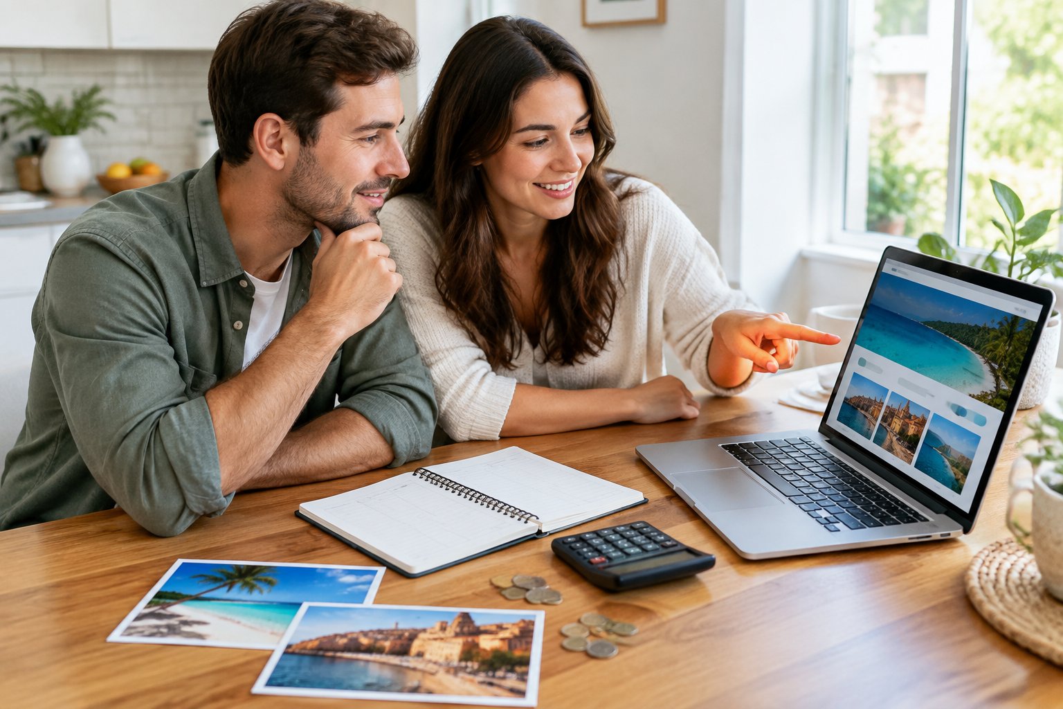 A newlywed couple plans honeymoon expenses together at a kitchen table.