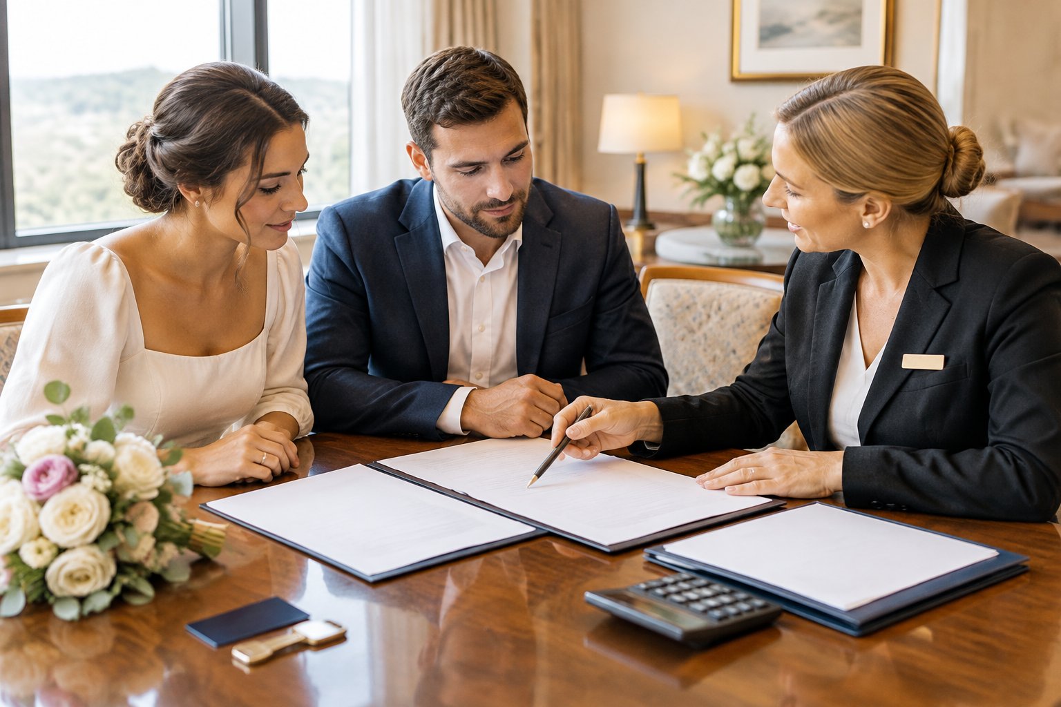 A couple reviews a hotel room-block agreement with a hotel coordinator.