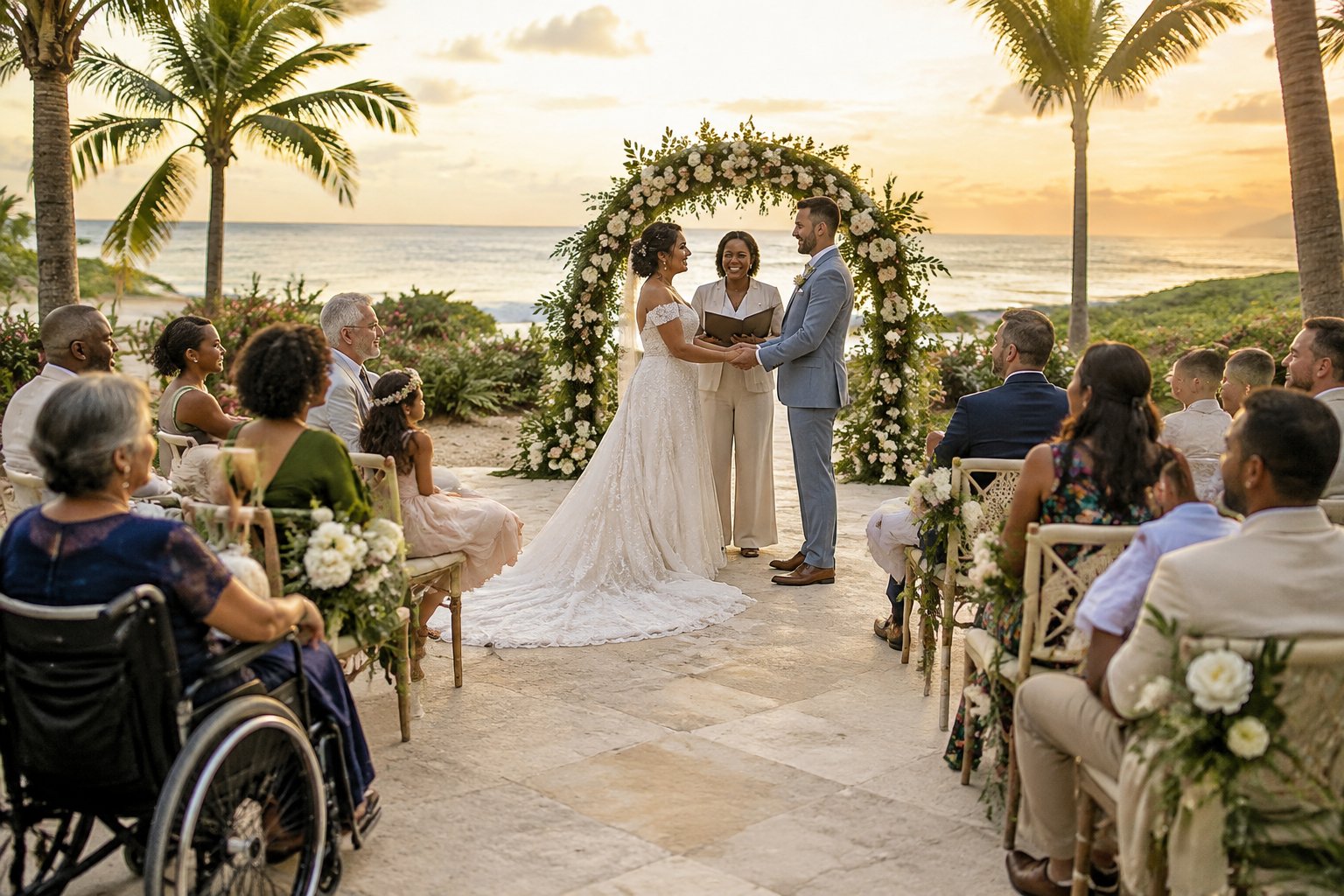 A couple celebrates their wedding at a beachfront resort with family and friends.