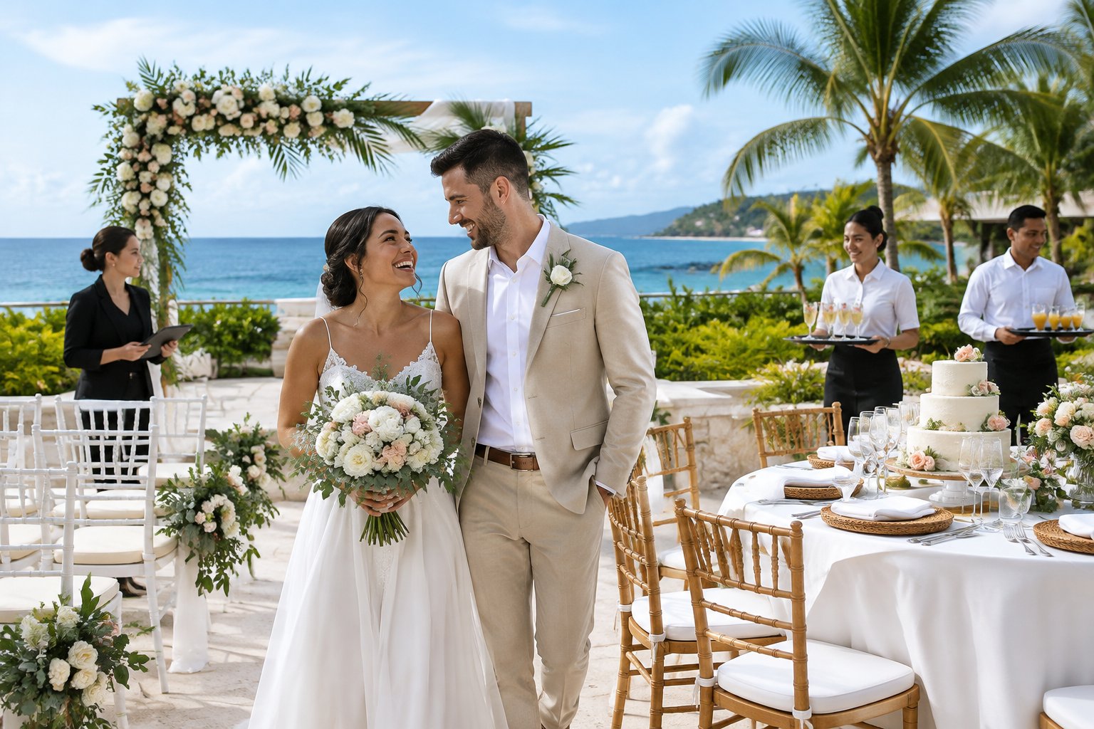A couple celebrates their wedding at a tropical resort with a ceremony arch, reception table, cake, and staff.
