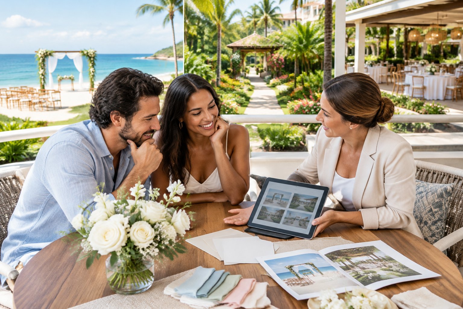 A couple discusses wedding venue options with a coordinator at a tropical resort.