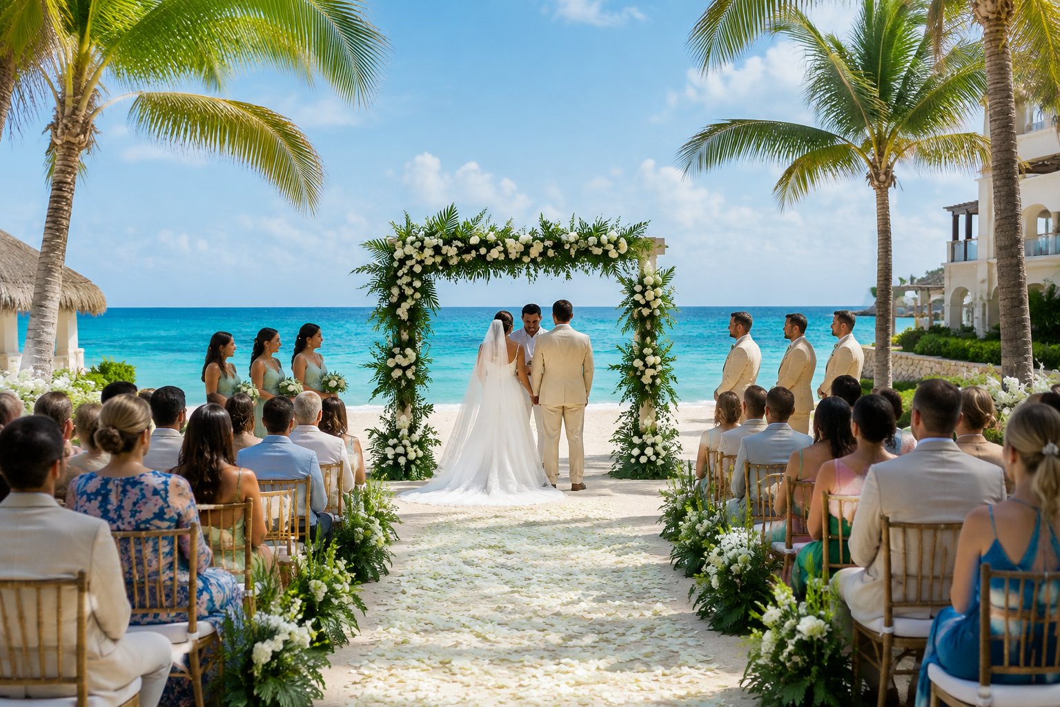 A beach wedding ceremony set up at a tropical resort beside the ocean.
