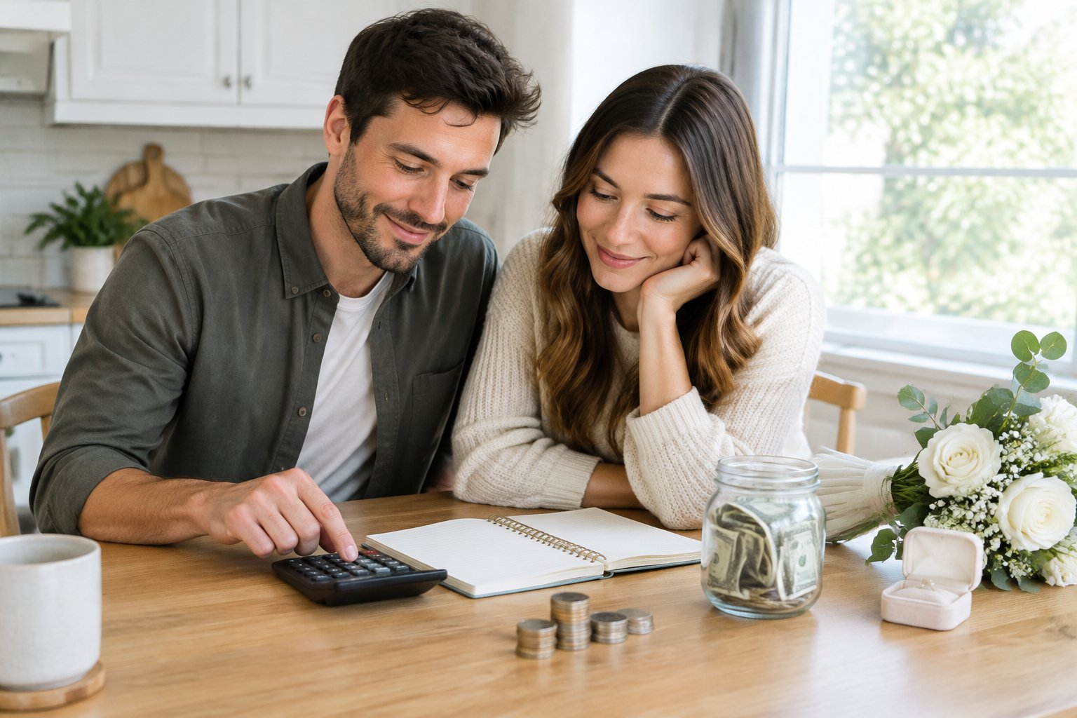 An engaged couple reviews a wedding budget together at a table.
