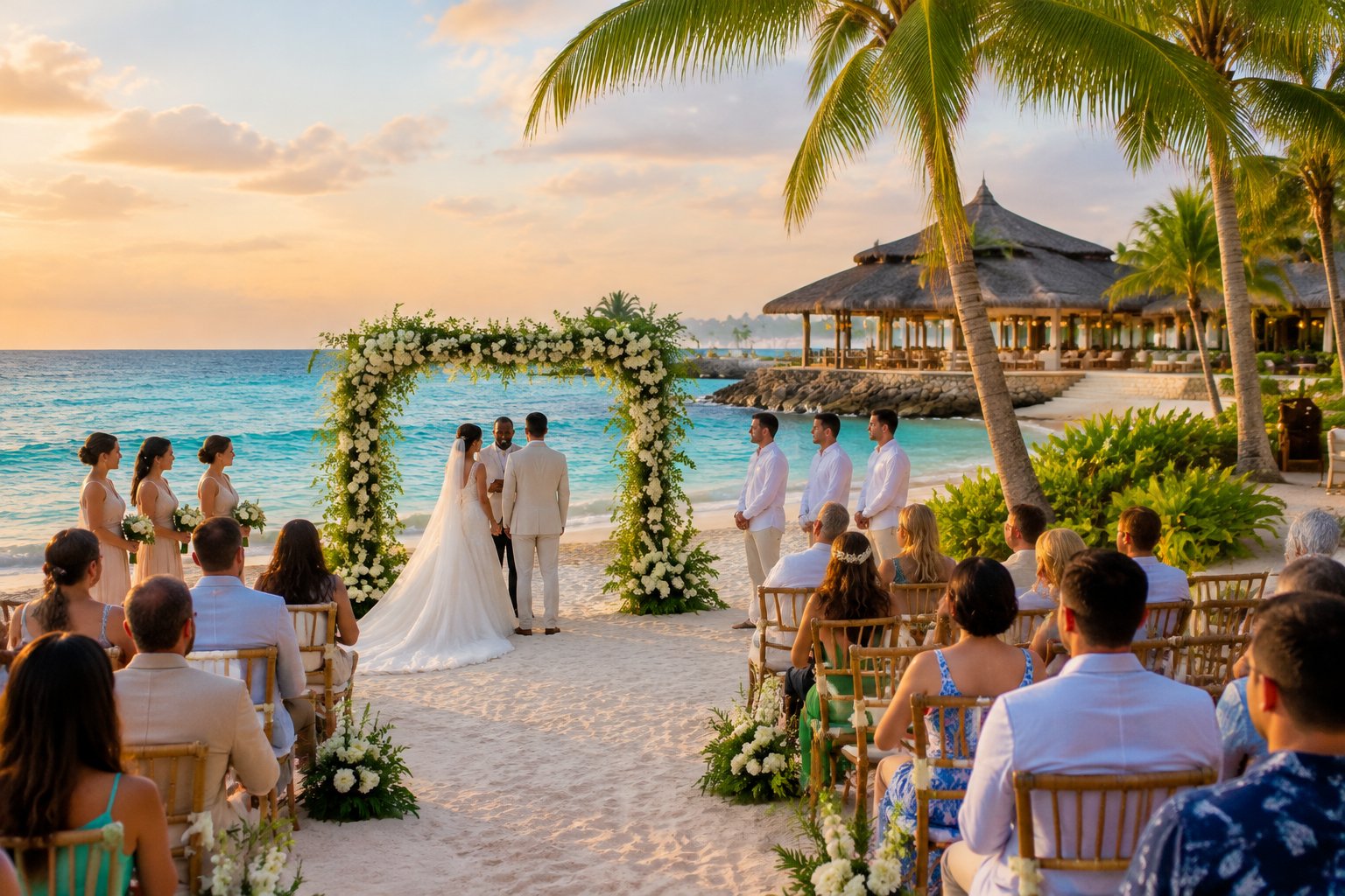 A couple exchanges vows beneath a flower-adorned arch at a tropical beach resort.
