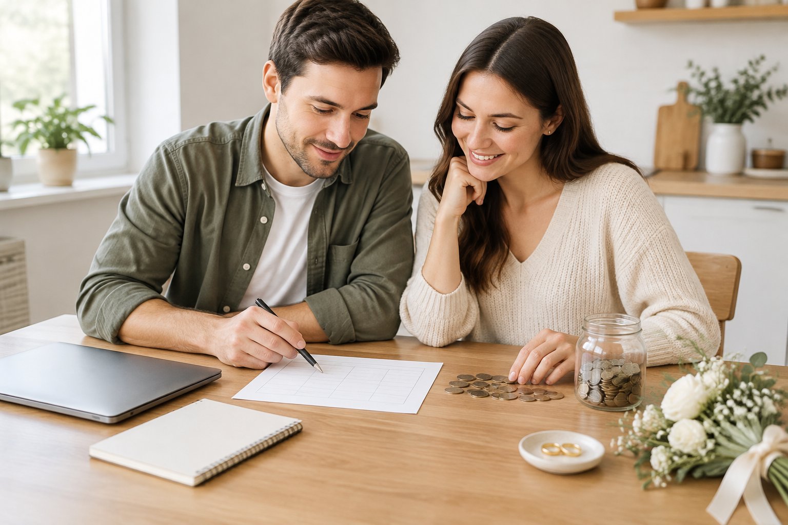 An engaged couple reviews wedding finances together at a table.