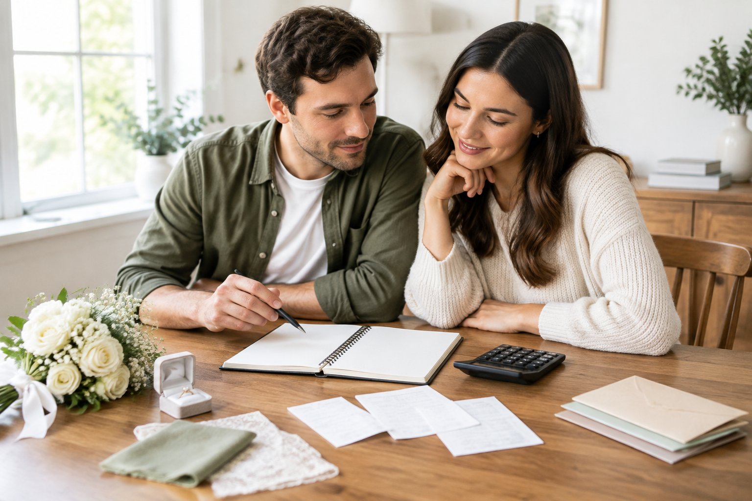 An engaged couple reviews wedding expenses together at a table.