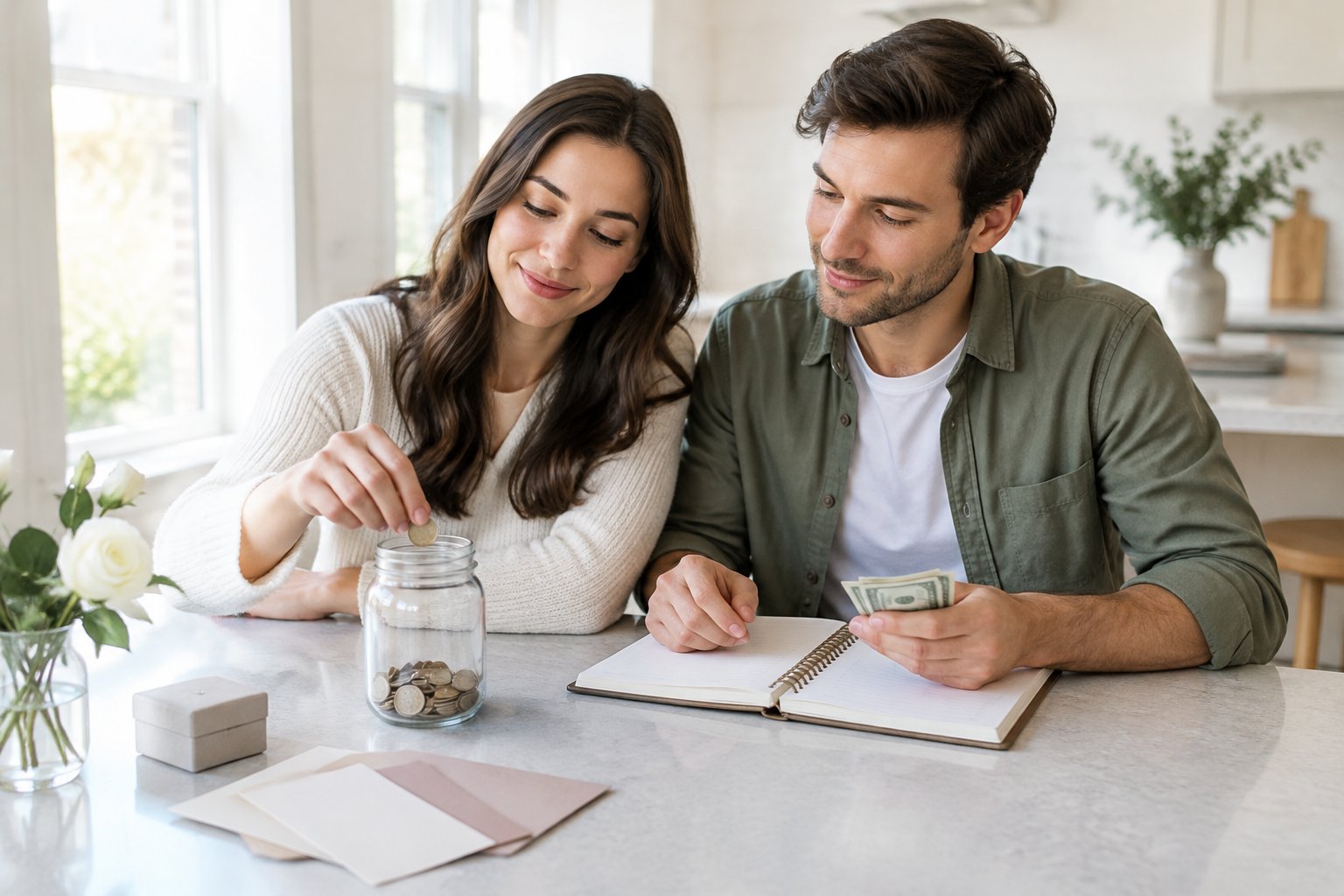 A couple plans wedding savings together at a kitchen table.