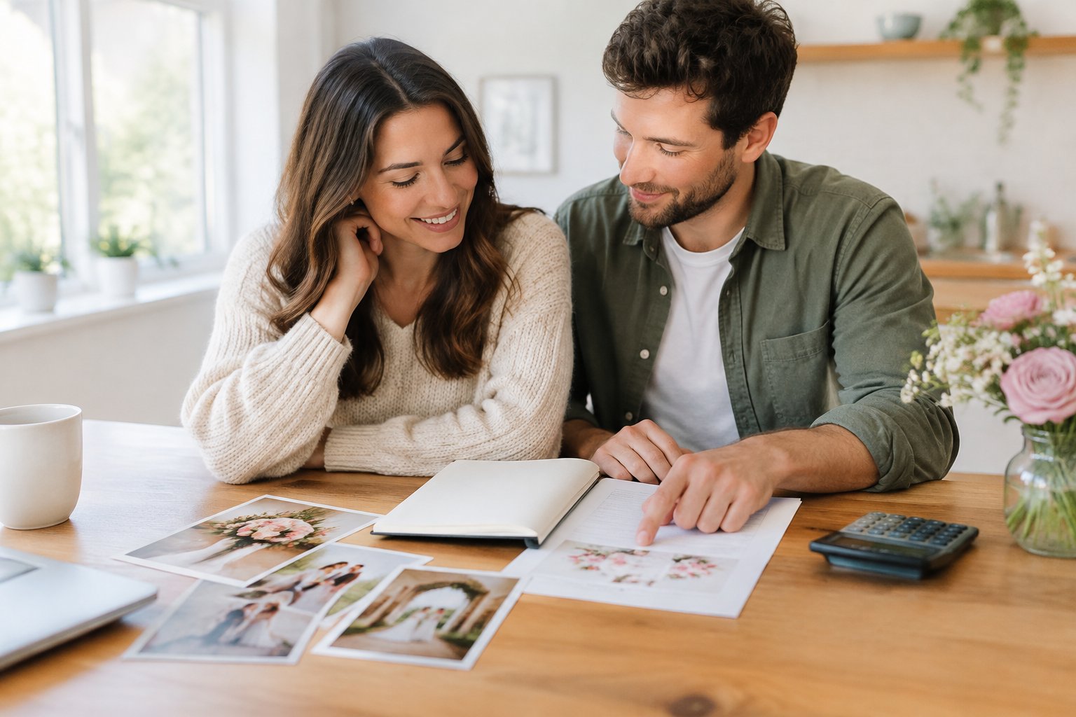 A couple reviews wedding plans and a budget together at a table.