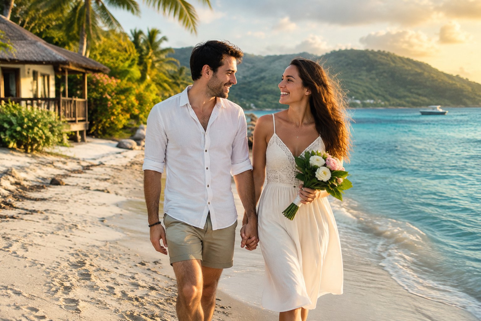 A newlywed couple walks hand in hand along a tropical beach.