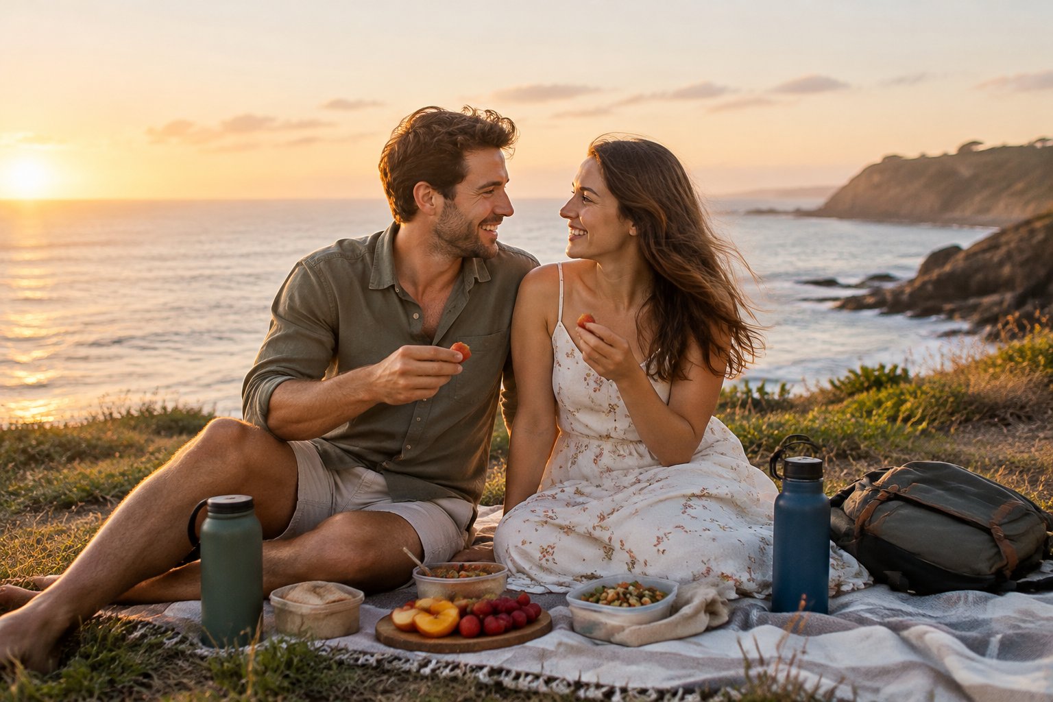 A newlywed couple shares a picnic by the sea.