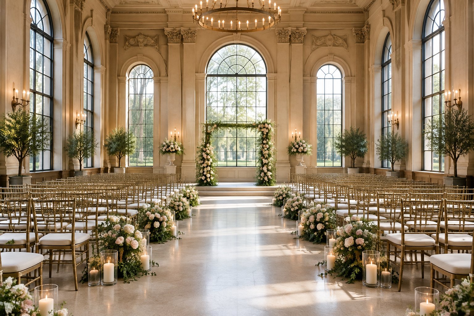 An indoor wedding venue with rows of chairs facing a decorated ceremony altar.