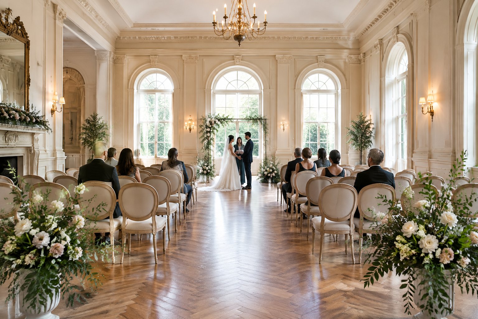 Guests sit in rows in a bright indoor wedding ceremony venue.