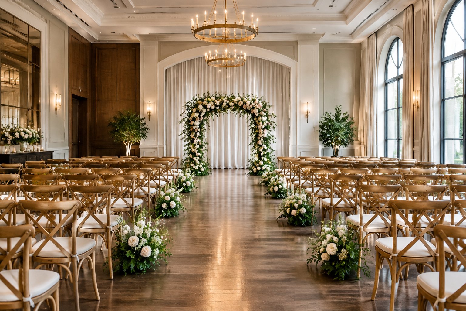 An indoor wedding ceremony space with rows of chairs and a floral arch.