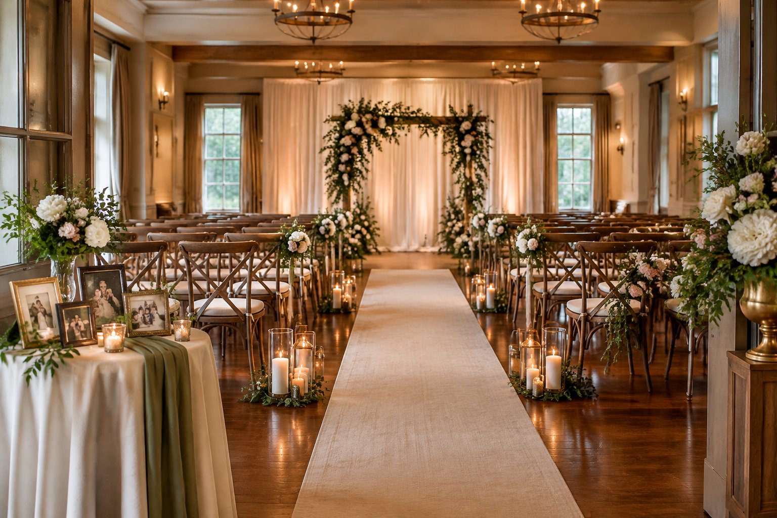 An indoor wedding ceremony venue decorated with flowers, candles, and framed family photographs.