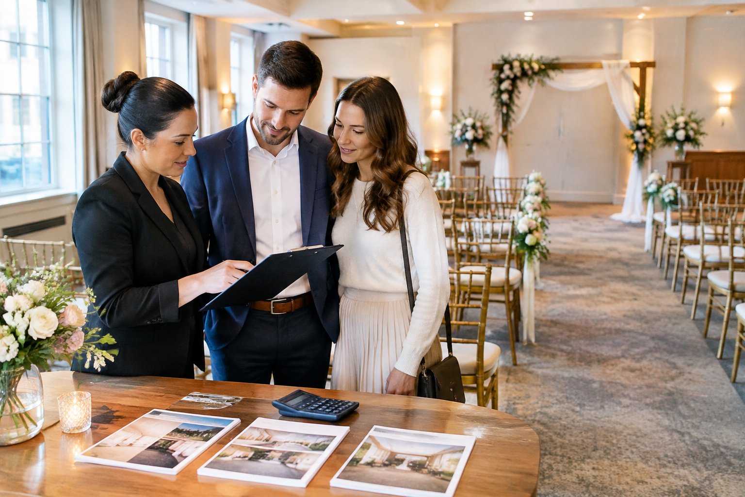 A couple and venue coordinator review a clipboard in a decorated indoor wedding ceremony space.