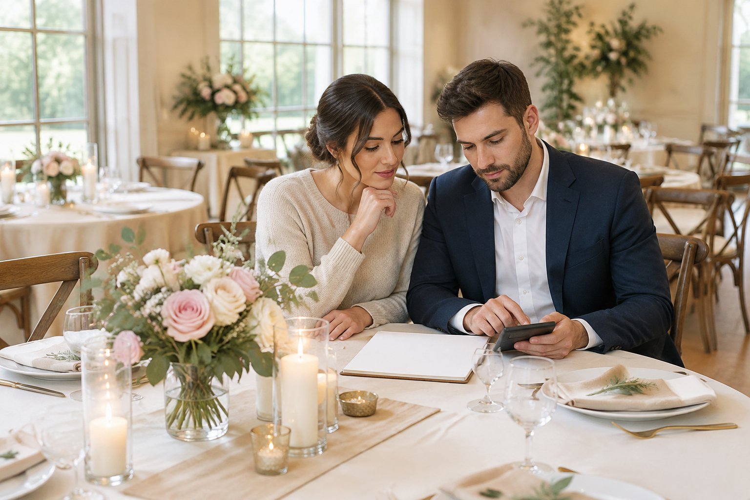 A couple reviews a budget beside a decorated wedding reception table.