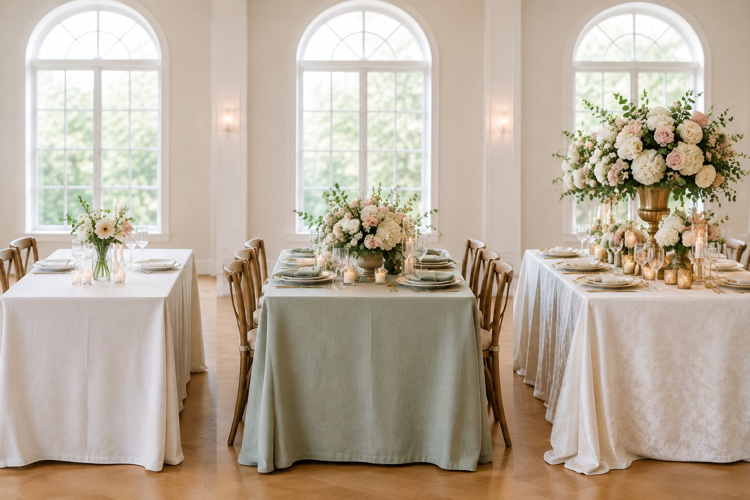 Three wedding tables with different floral arrangements and decorations.
