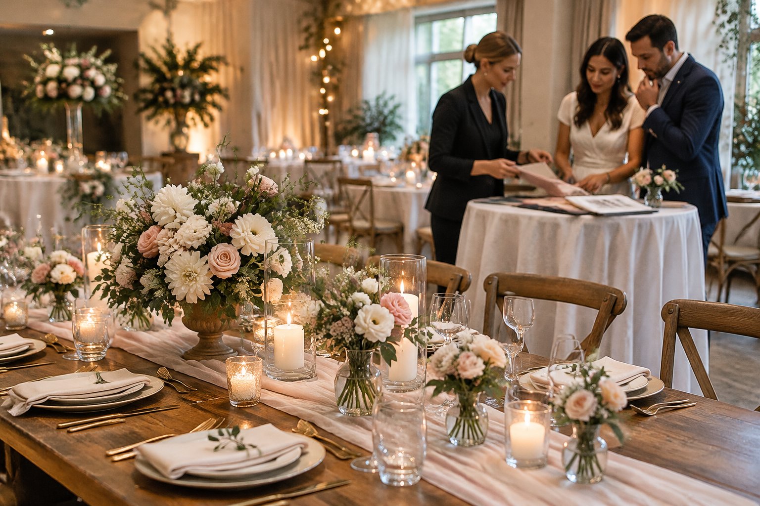 A couple and wedding planner review decor samples beside a decorated reception table.