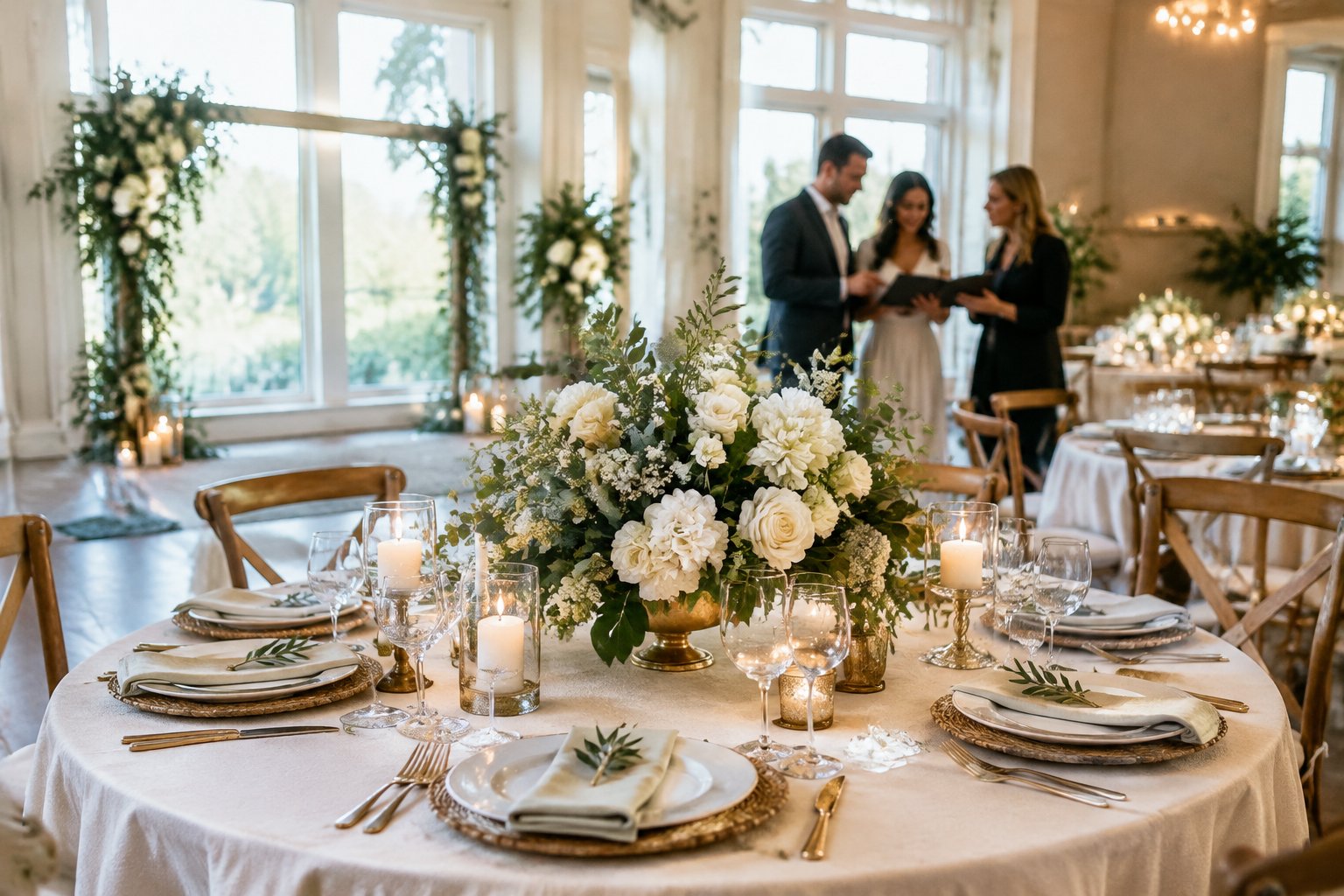 A couple reviews wedding reception decor beside a table with flowers, candles, and place settings.