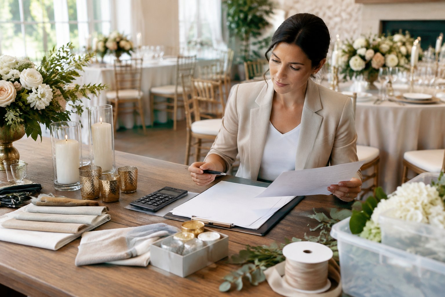A wedding planner reviews decor costs beside reception decorations.