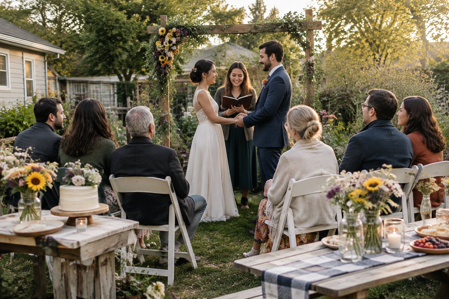 A couple exchanges vows in a small garden ceremony surrounded by family and friends.