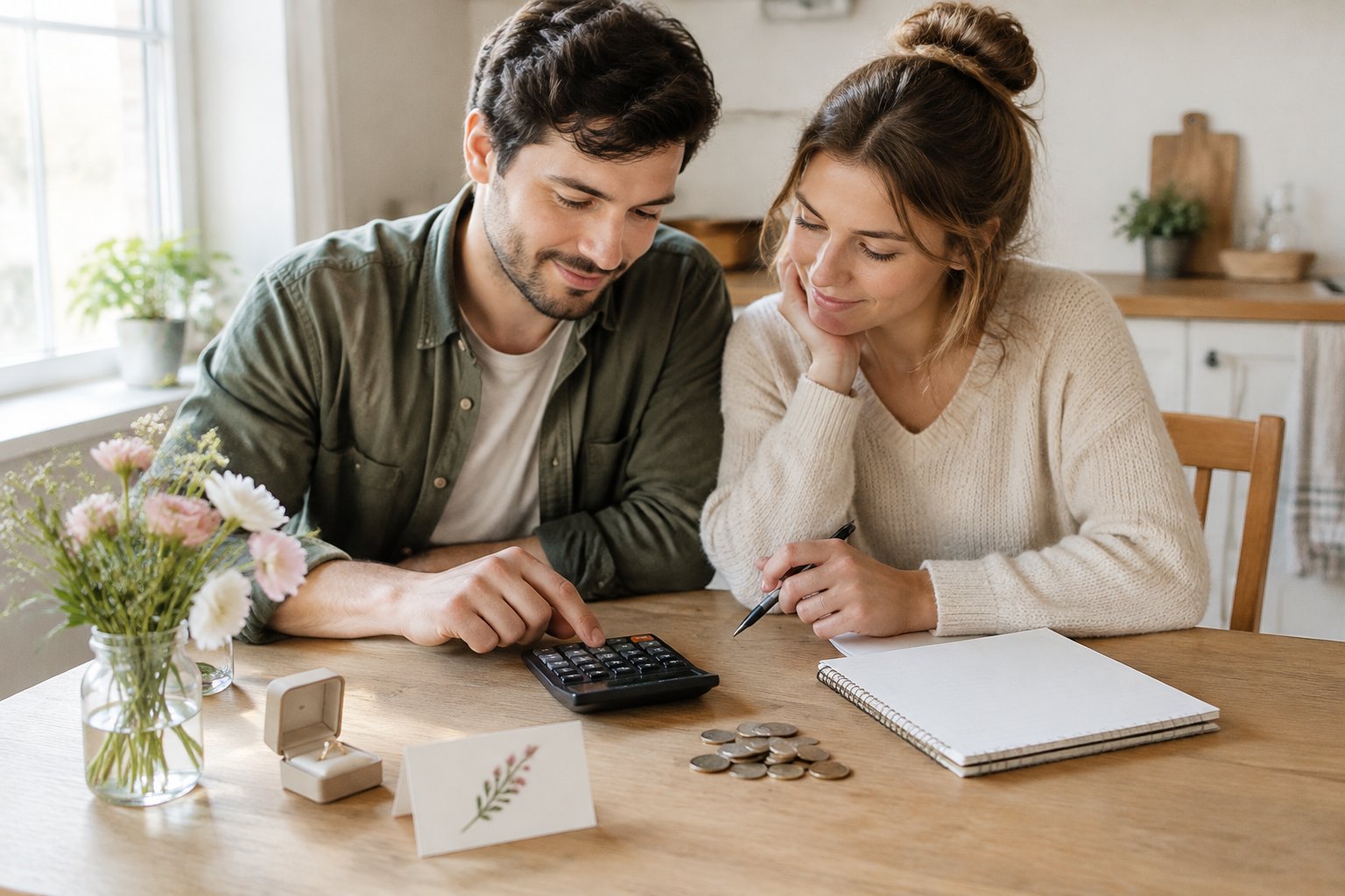 An engaged couple reviews wedding expenses together at a kitchen table.