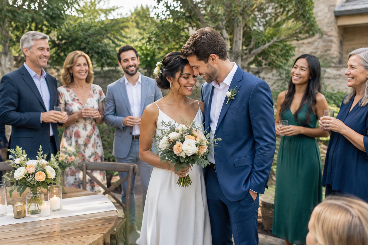 A couple celebrates their wedding outdoors with a small group of family and friends.