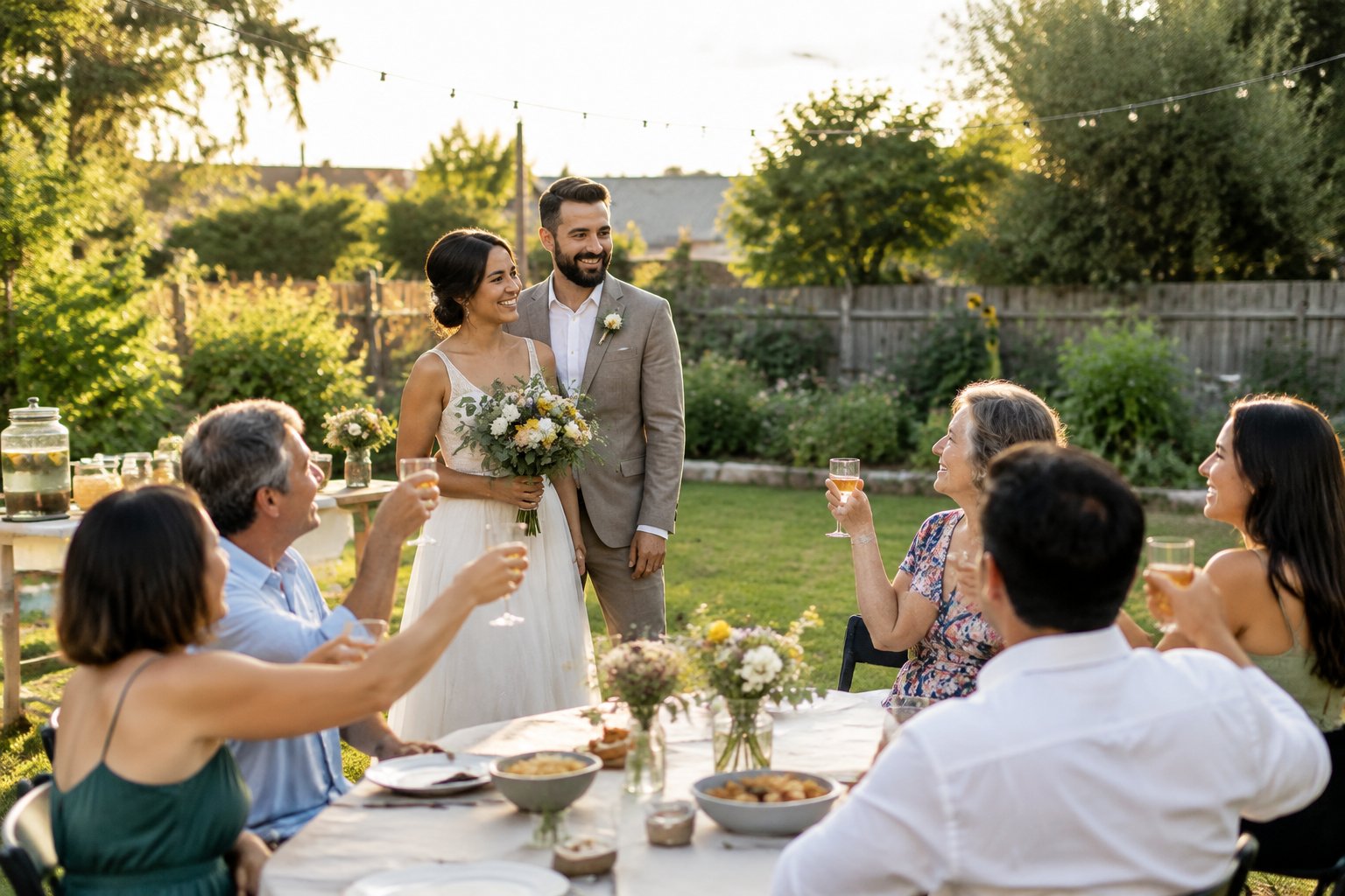 A couple celebrates with friends and family in a garden.
