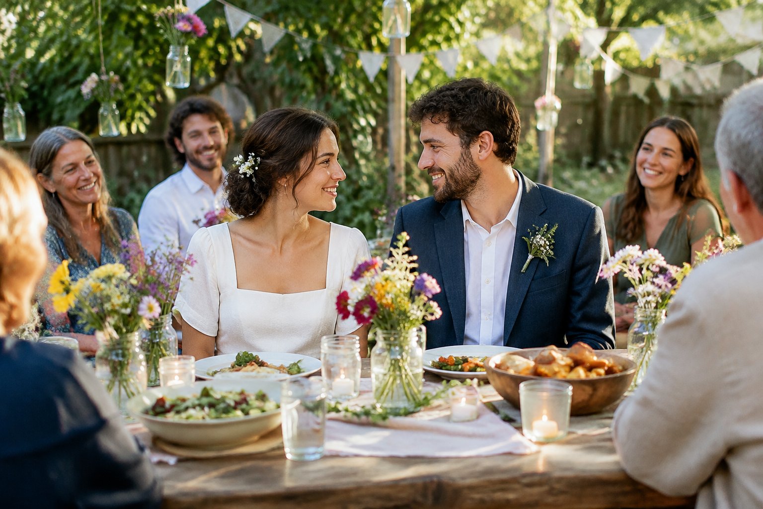 A couple celebrates their wedding with family around a simple outdoor table decorated with flowers.