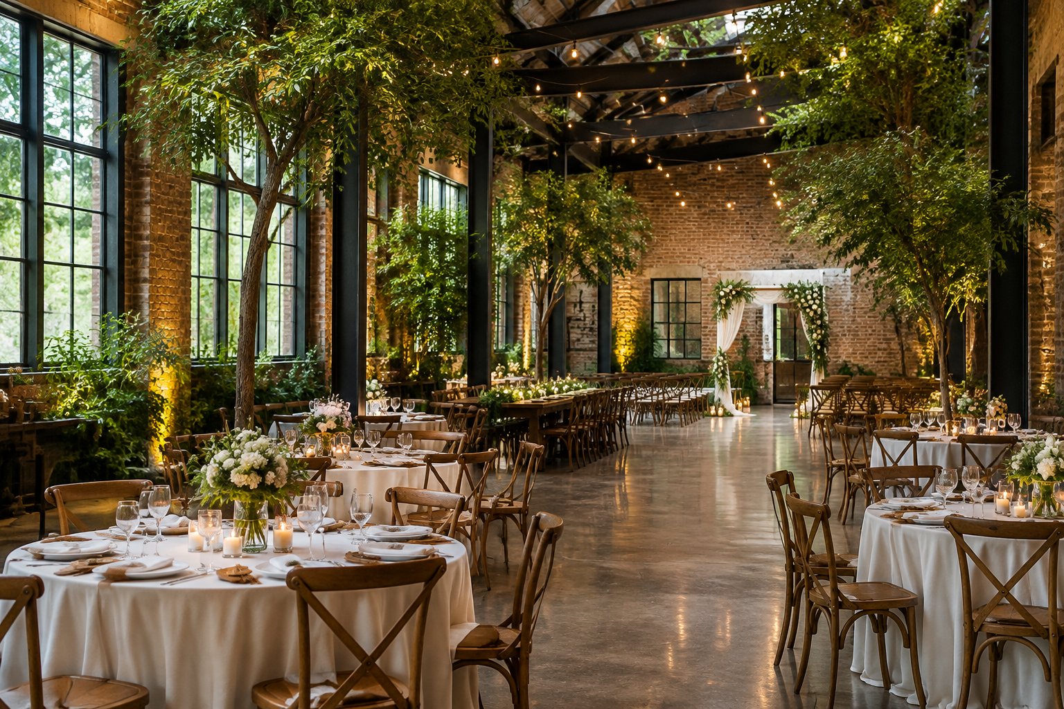 A wedding reception venue with leafy trees, brick walls, steel beams, and set tables.