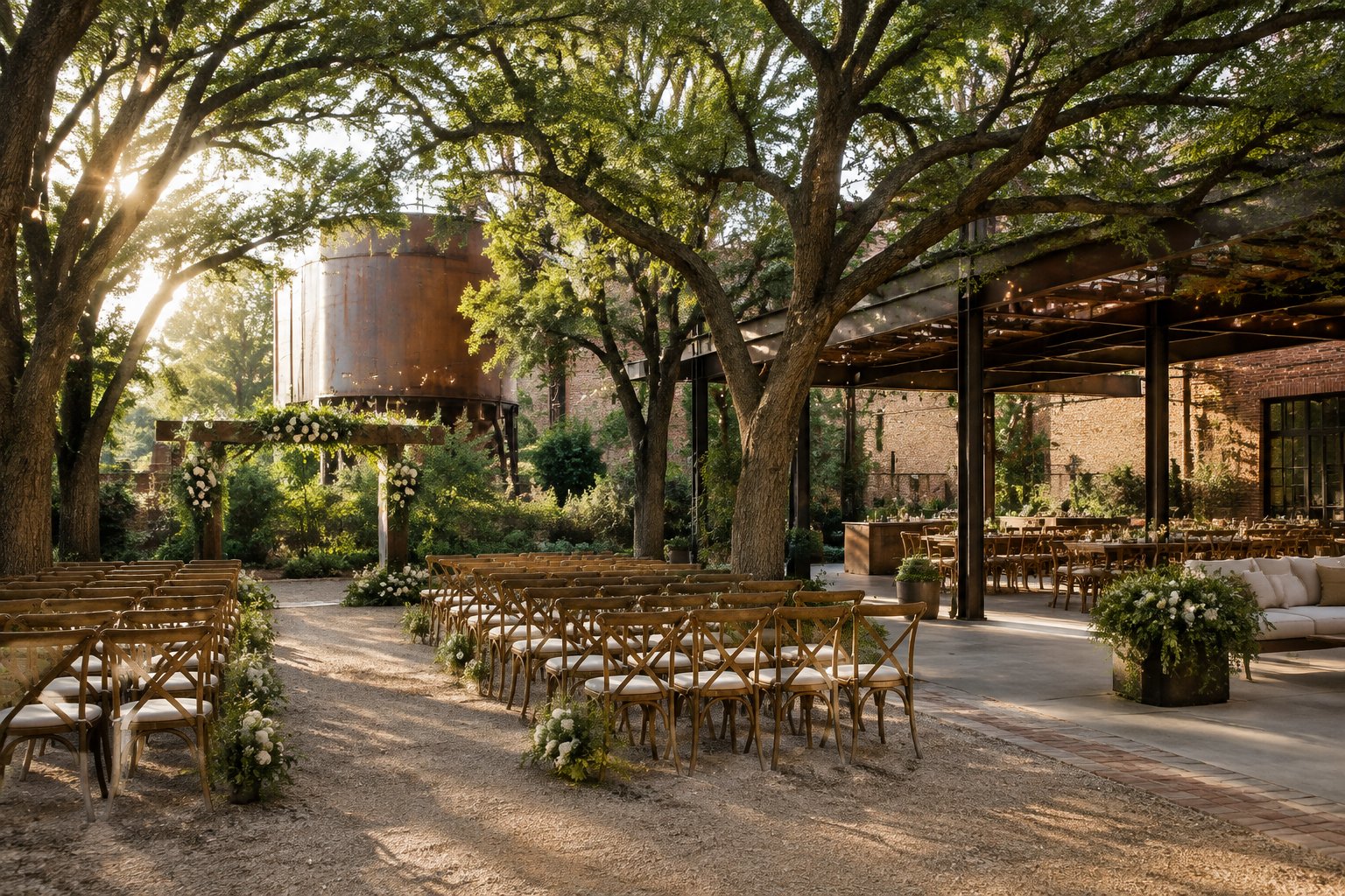 A wedding ceremony setup beneath trees beside an industrial-style venue.