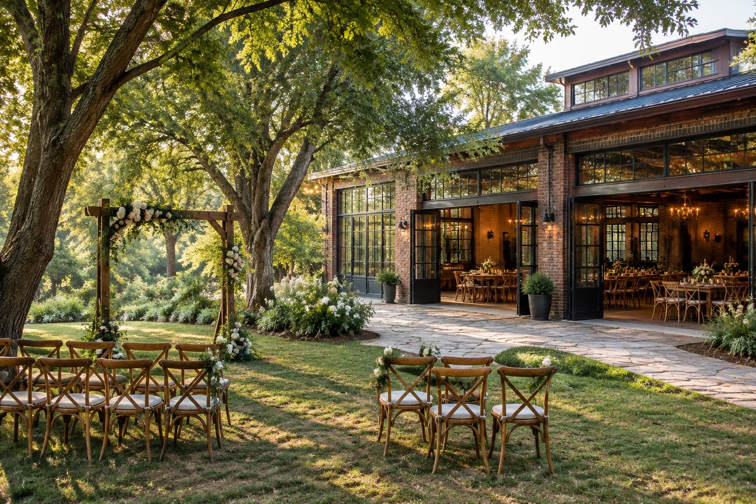 A garden ceremony area beside a brick industrial wedding venue.