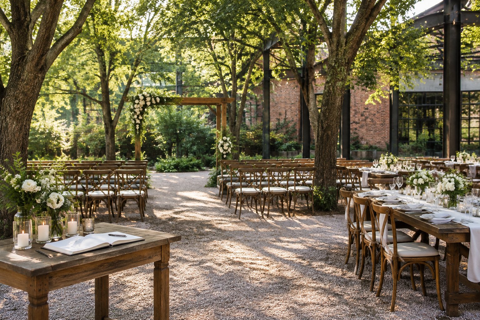 A wedding ceremony and reception setup beneath trees beside a brick industrial venue.