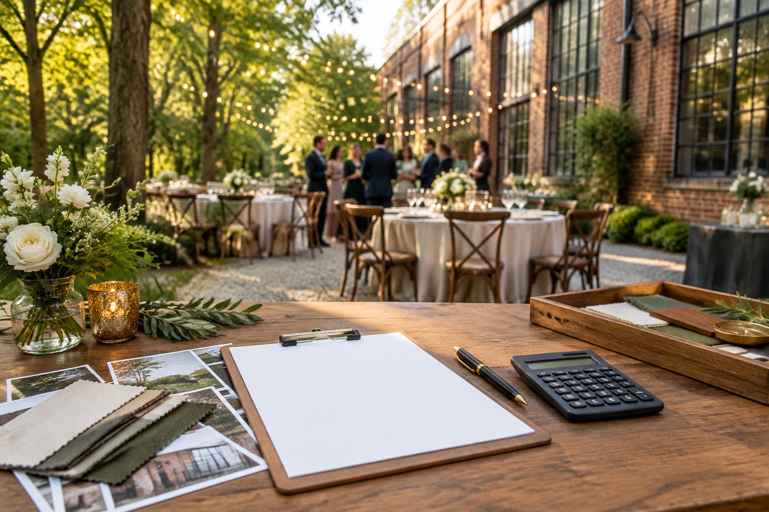 A wedding reception in a leafy grove beside a brick industrial venue, with a calculator and blank clipboard in the foreground.