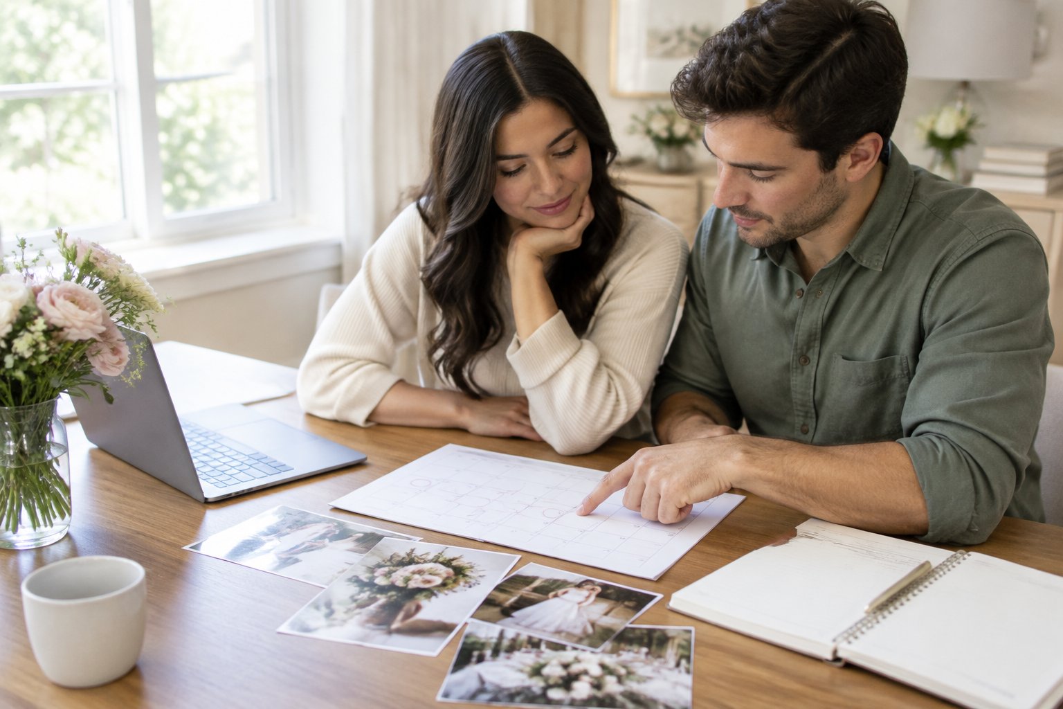An engaged couple reviews a wedding calendar and planning materials together at a table.