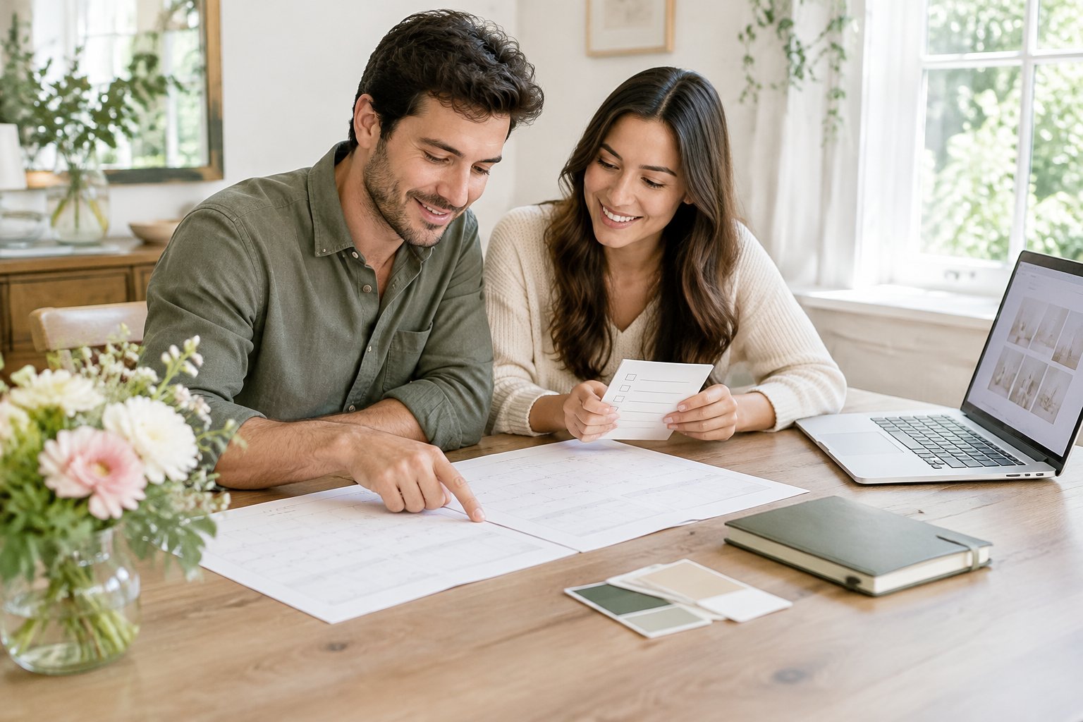 An engaged couple sits together at a table, looking over wedding planning materials.