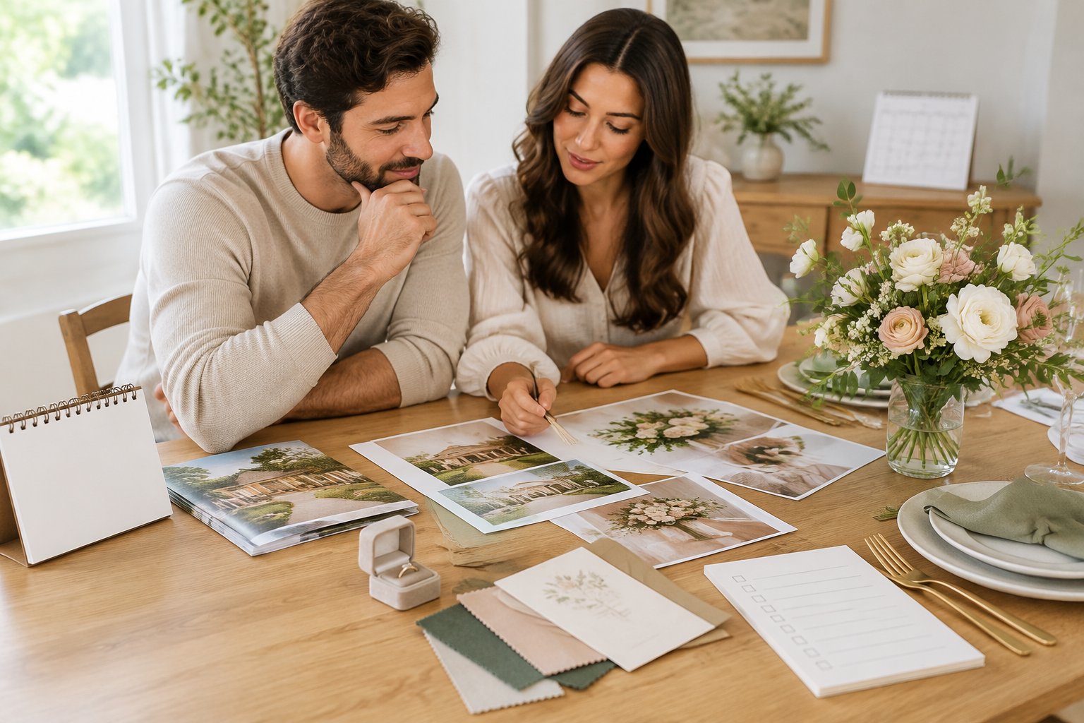 An engaged couple organizes wedding-planning materials at a table.