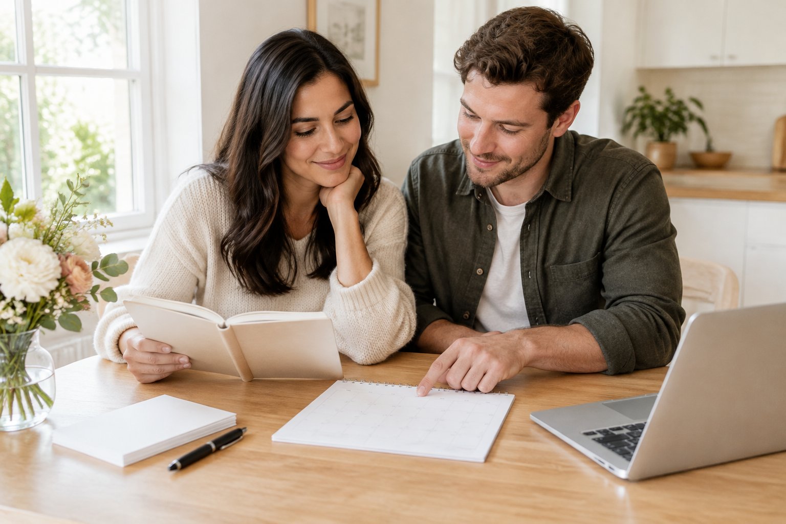 An engaged couple sits at a table and begins planning their wedding.