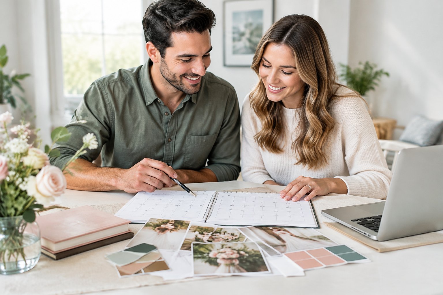 An engaged couple sits together planning their wedding at a table.