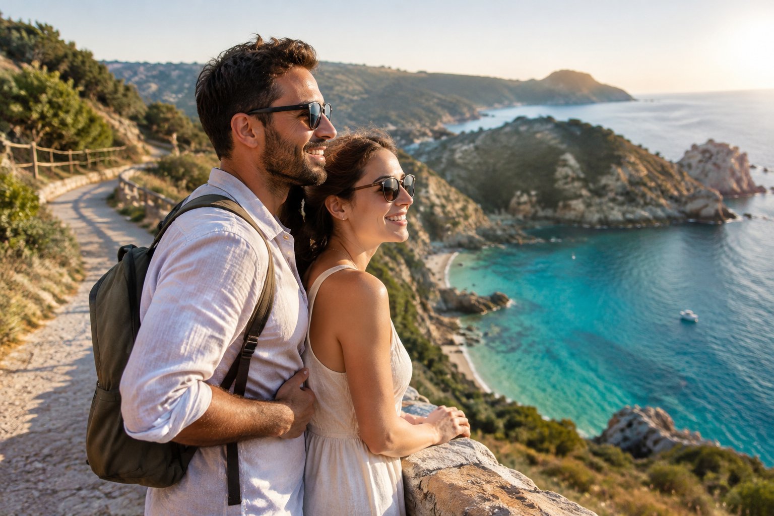 A newlywed couple shares a happy moment overlooking the ocean.