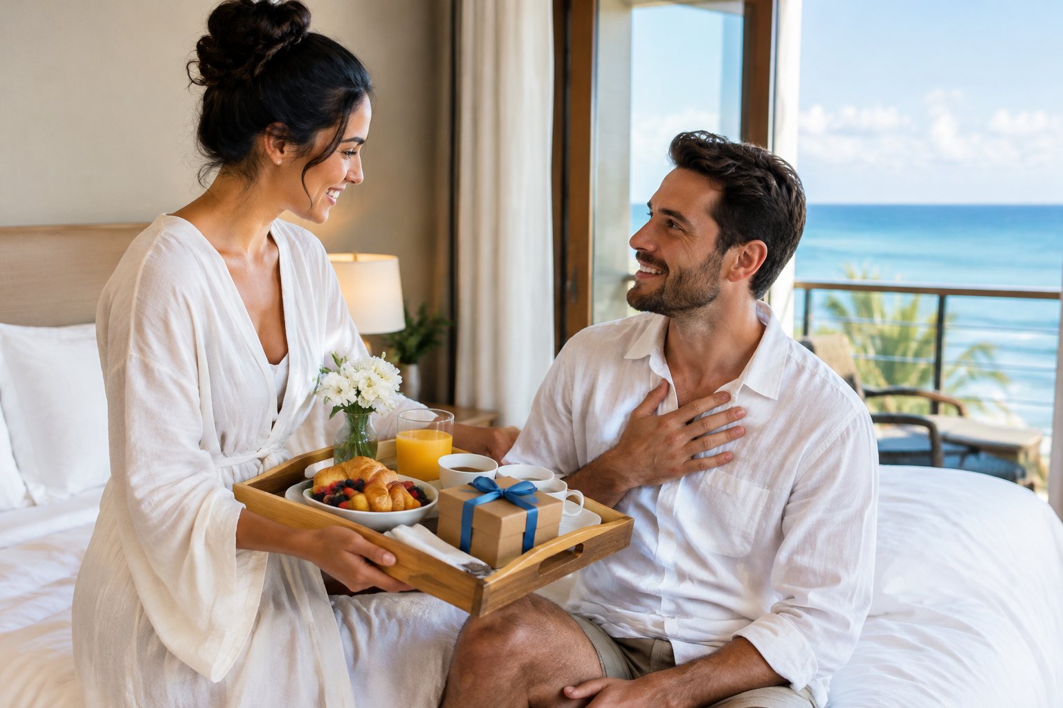 A newlywed woman surprises her husband with breakfast on a seaside resort balcony.
