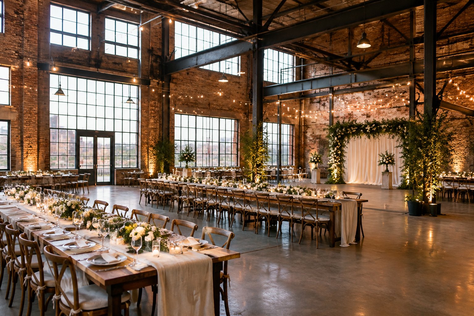 A wedding reception arranged in a brick-and-steel industrial venue.
