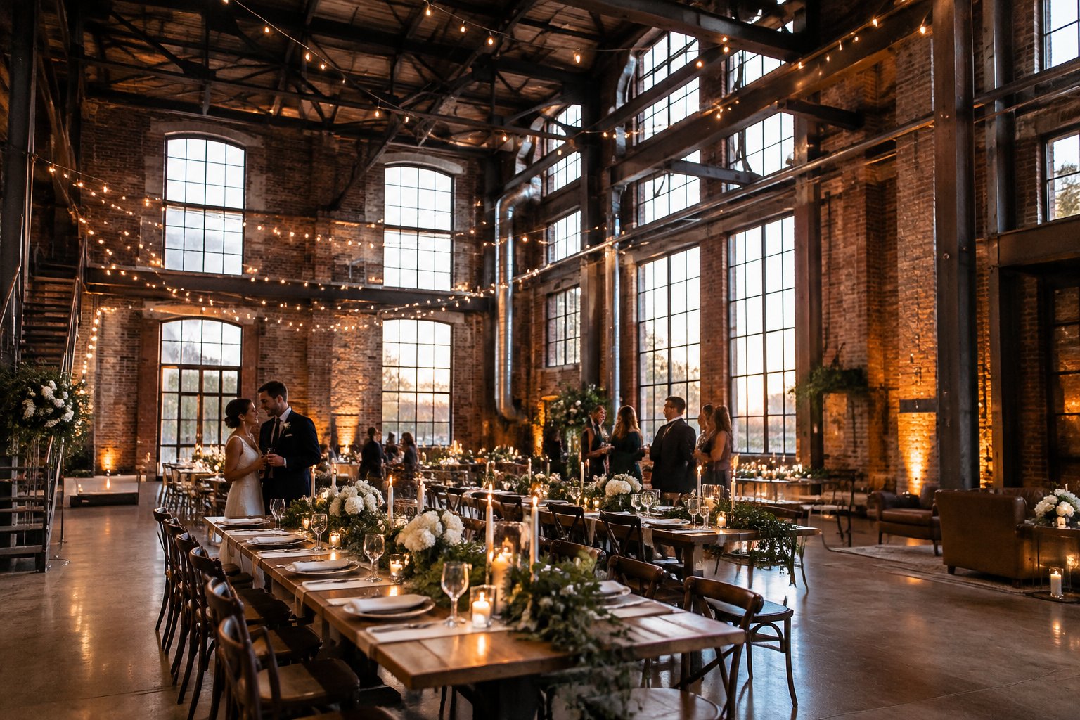 A wedding reception with guests inside a brick-walled warehouse.