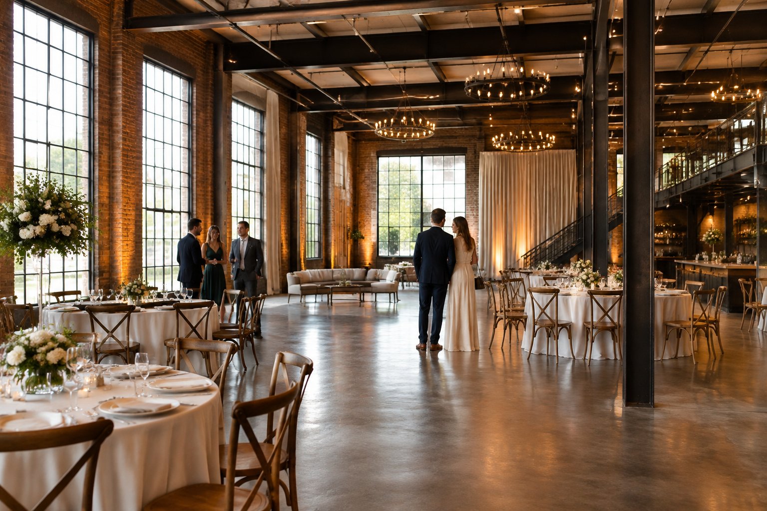 A couple and guests look around a decorated wedding venue inside a spacious brick-and-steel warehouse.