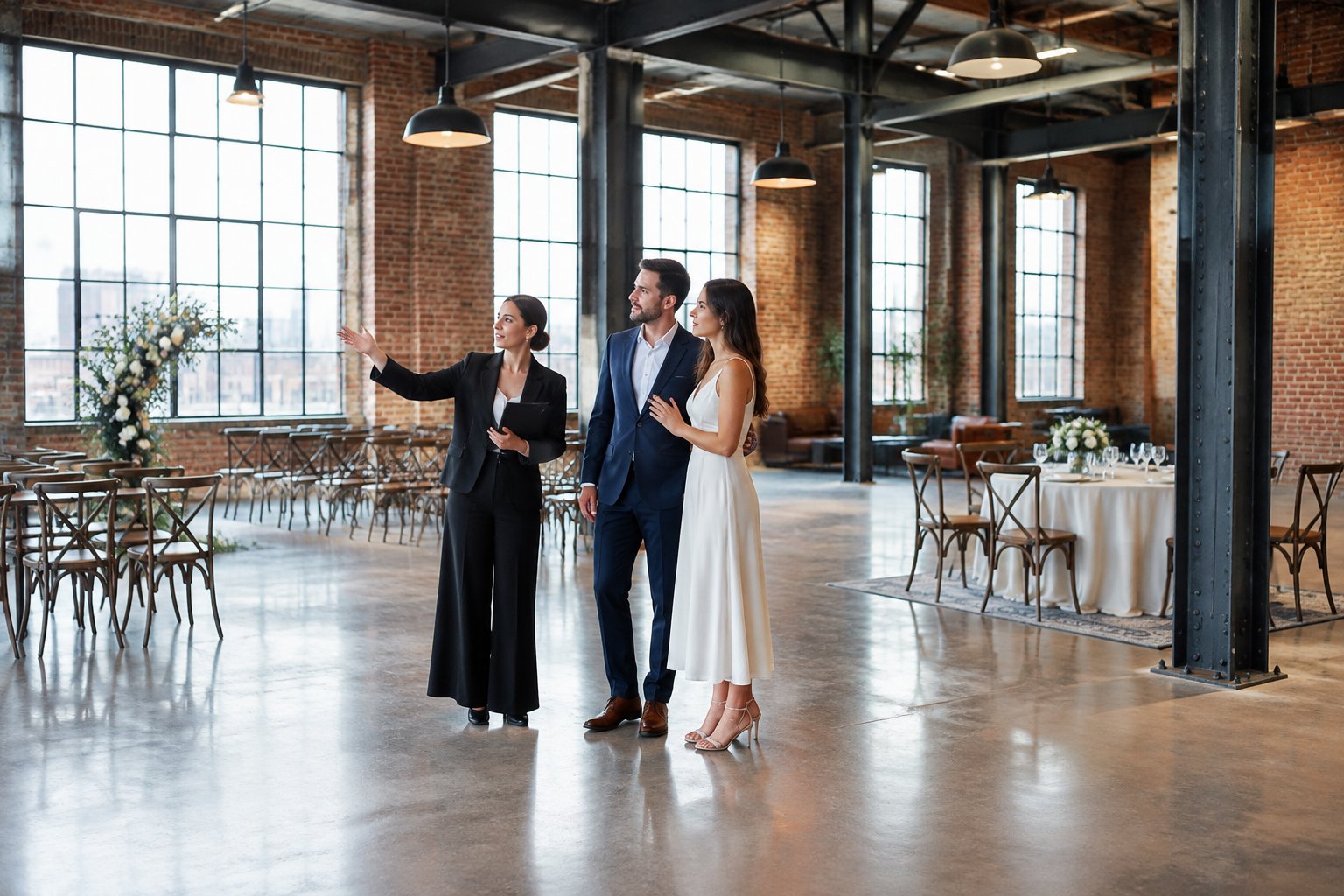 A couple and wedding planner discuss arrangements inside an industrial loft venue.
