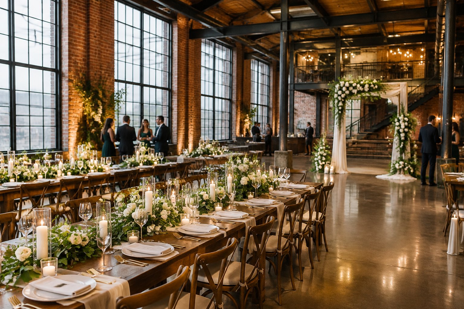 A decorated wedding reception in a spacious industrial venue.