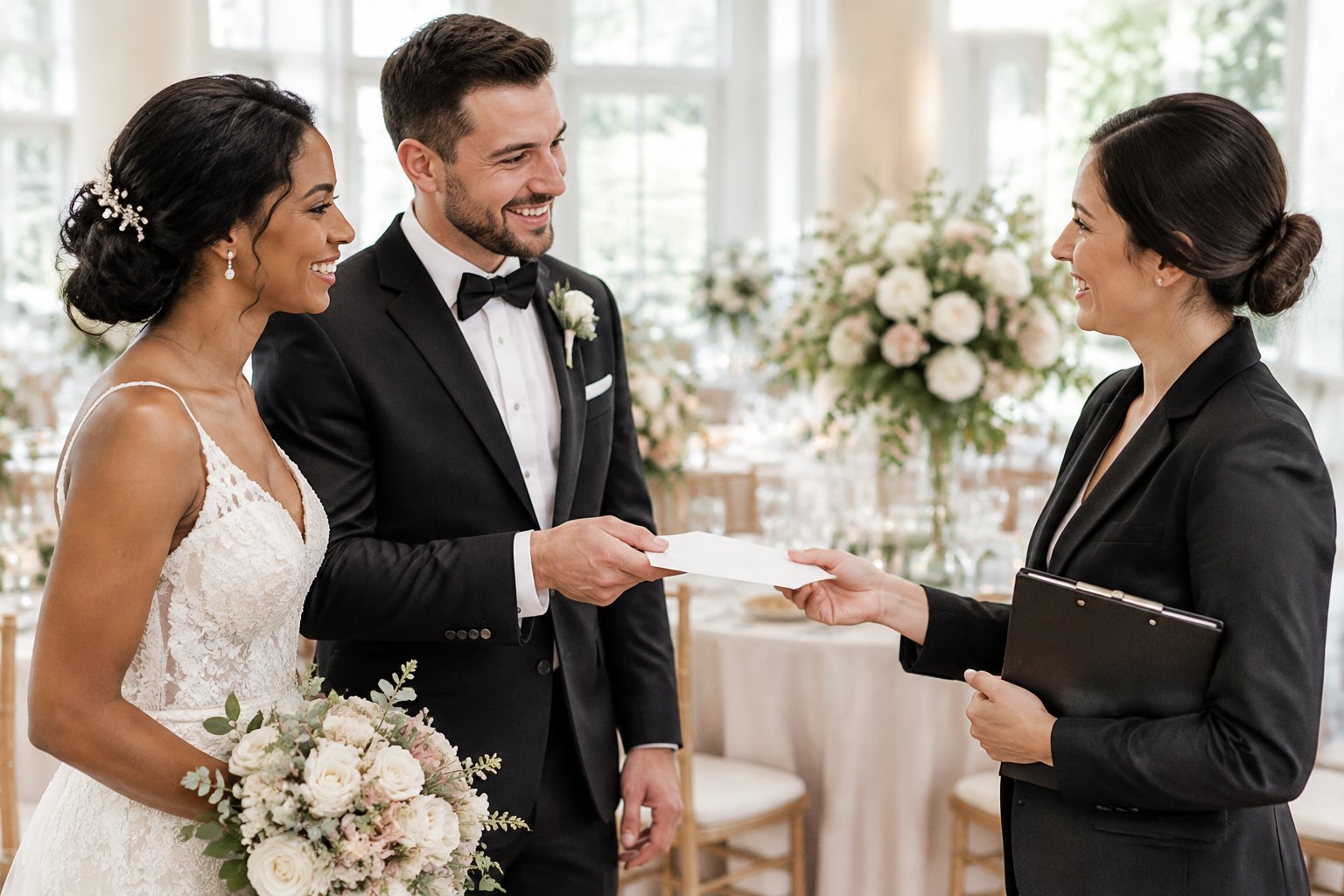 A newly married couple thanks their wedding coordinator and offers them an envelope.